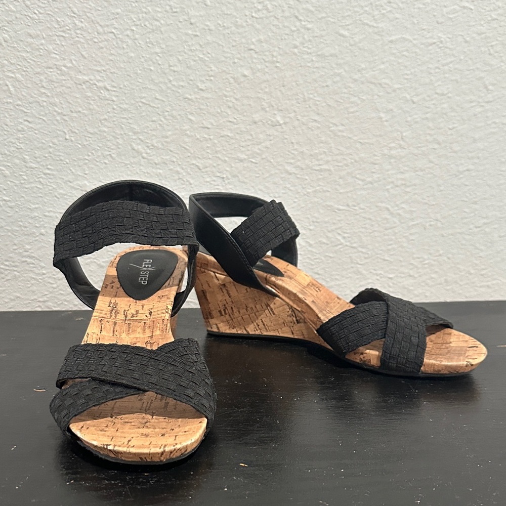 Flex Step Black Woven Cork Wedge Sandals